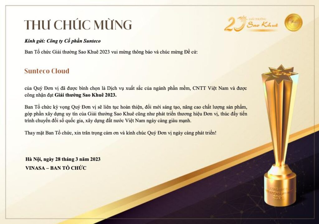 Thư chúng mừng Sunteco Cloud của VINASA - Ban tổ chức Giải thưởng Sao Khuê 2023