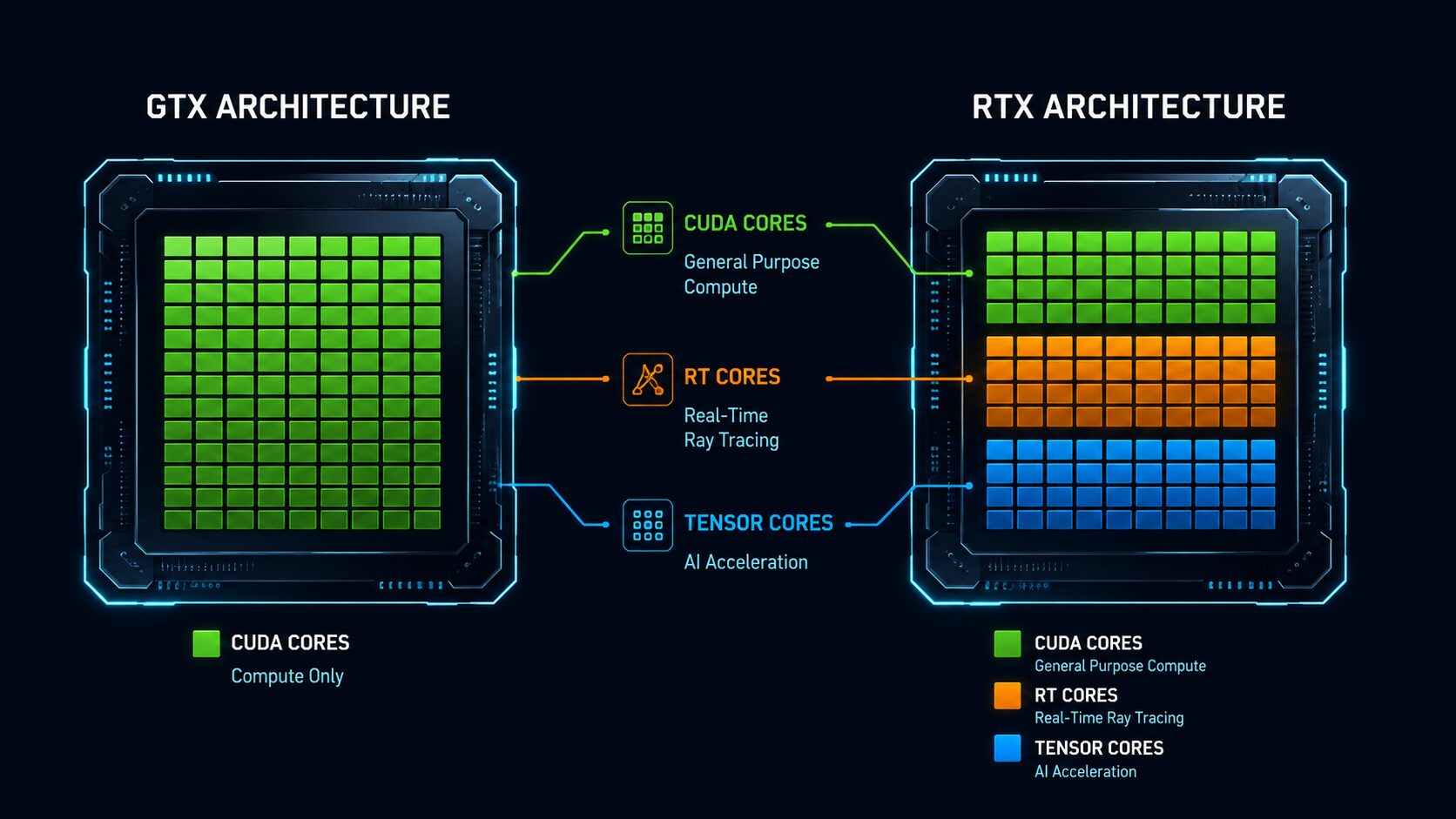 So sánh cấu trúc GPU GTX vs RTX - CUDA Cores, RT Cores, Tensor Cores | Sunteco Cloud