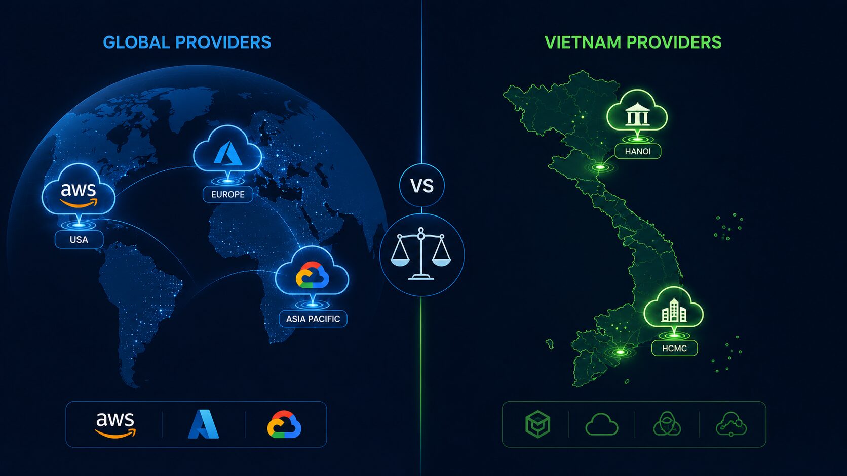 So sánh cloud provider toàn cầu (AWS, Azure, Google Cloud) và cloud provider Việt Nam (FPT, Viettel, CMC, Sunteco)