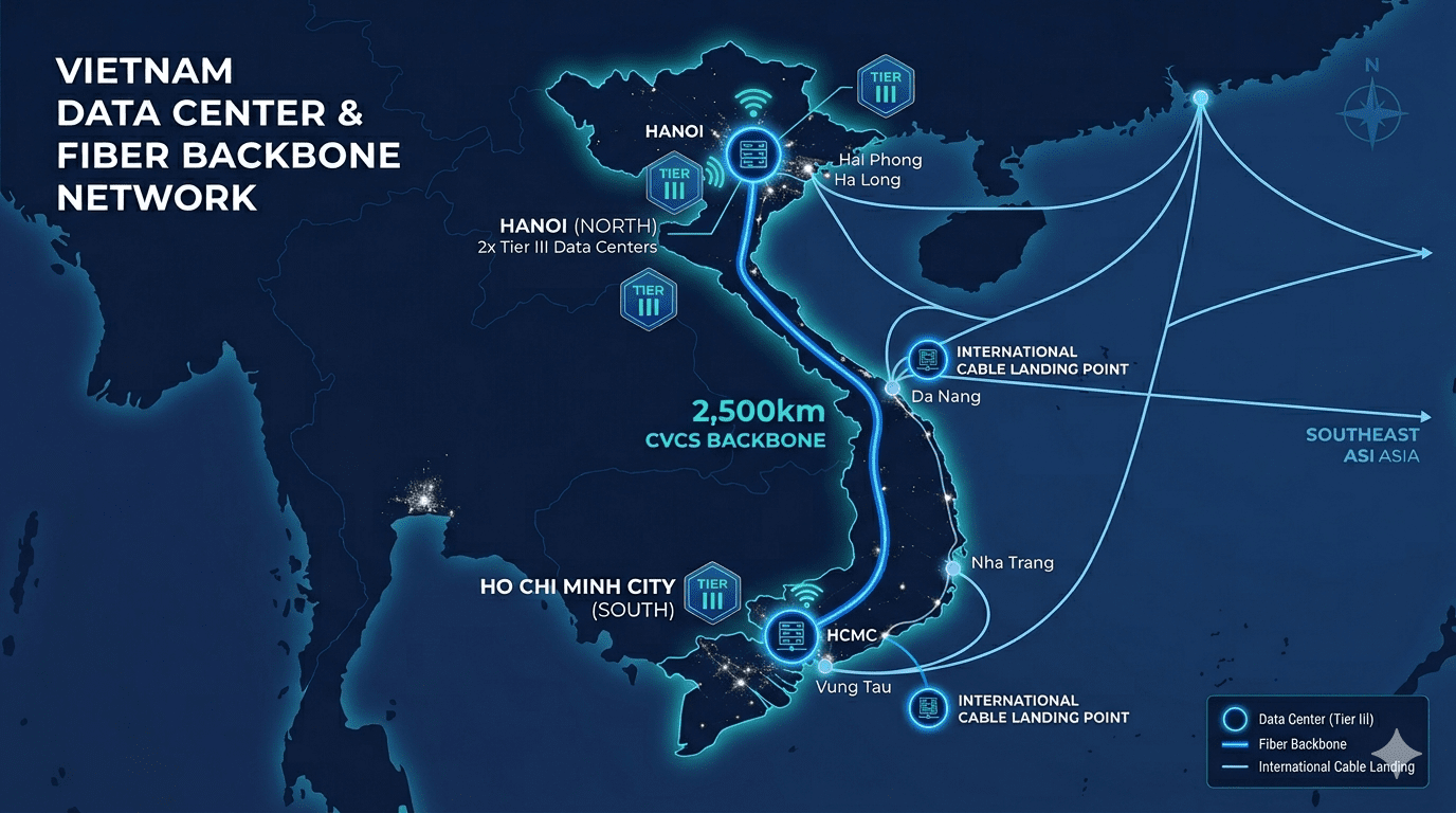 Sơ đồ hạ tầng 3 Data Center Tier III của CMC Cloud tại Hà Nội và TP.HCM, kết nối qua cáp CVCS 2.500km