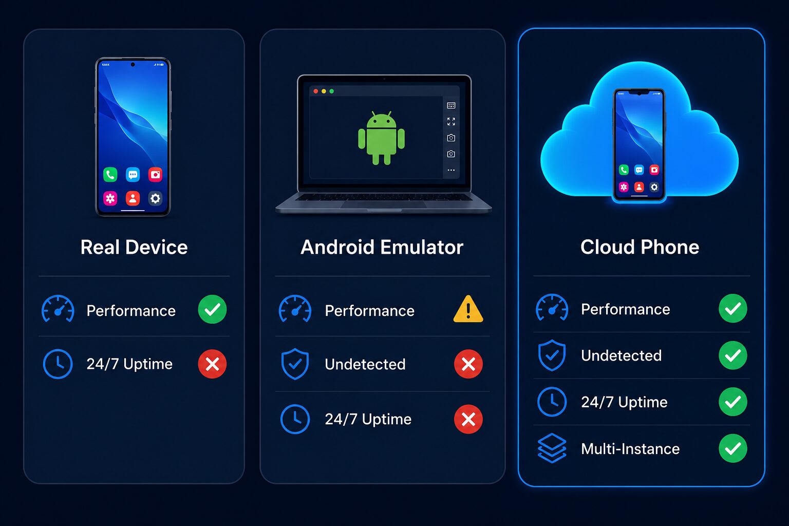 So sánh cloud phone VMOS Cloud với điện thoại thật và giả lập Android emulator